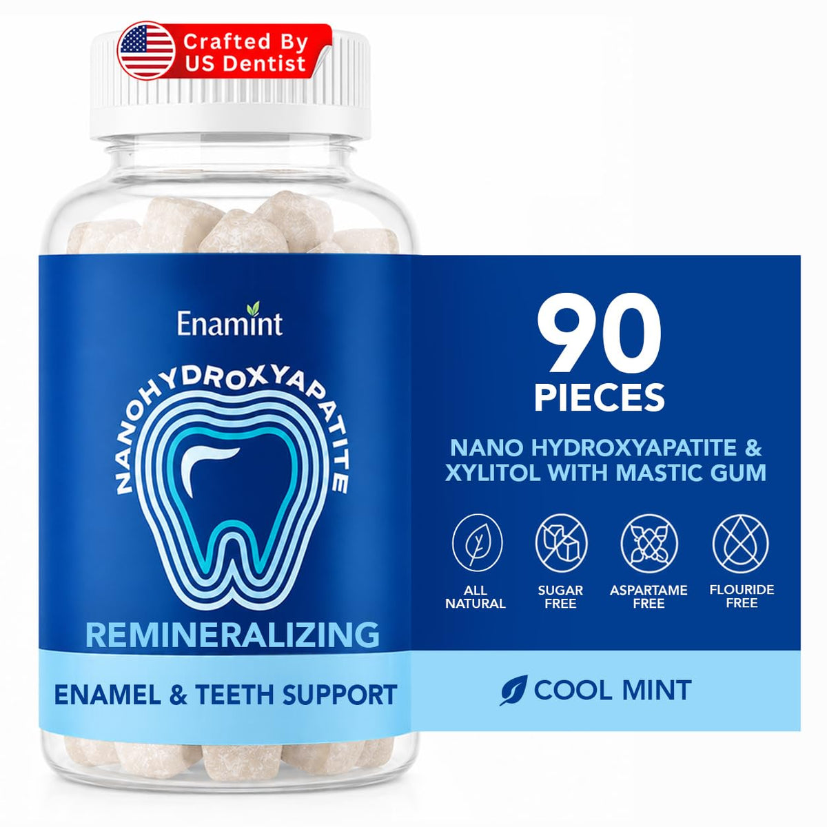 Nano Hydroxyapatite Remineralizing Gum with Xylitol & Mastic Gum – Supports Enamel Repair & Teeth Health – Sugar Free, Fluoride Free, Aspartame Free – Cool Mint, 90 Pieces