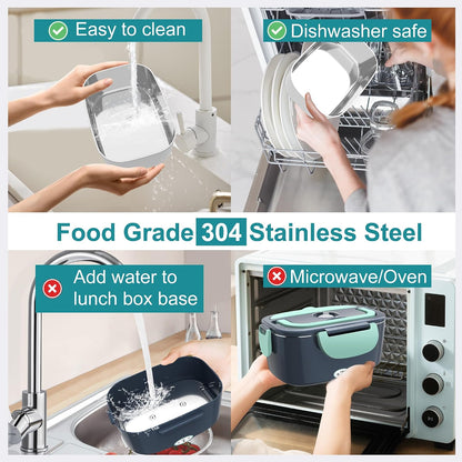Electric Heated Lunch Boxes Adults: 80W Electric Lunch Box Food Heated 12/24/110V 1.5L Heatable Lunch Box for Car/Truck/Office Leak-Proof Stainless Steel Container, Fork & Spoon, Bag (Grey+Green)