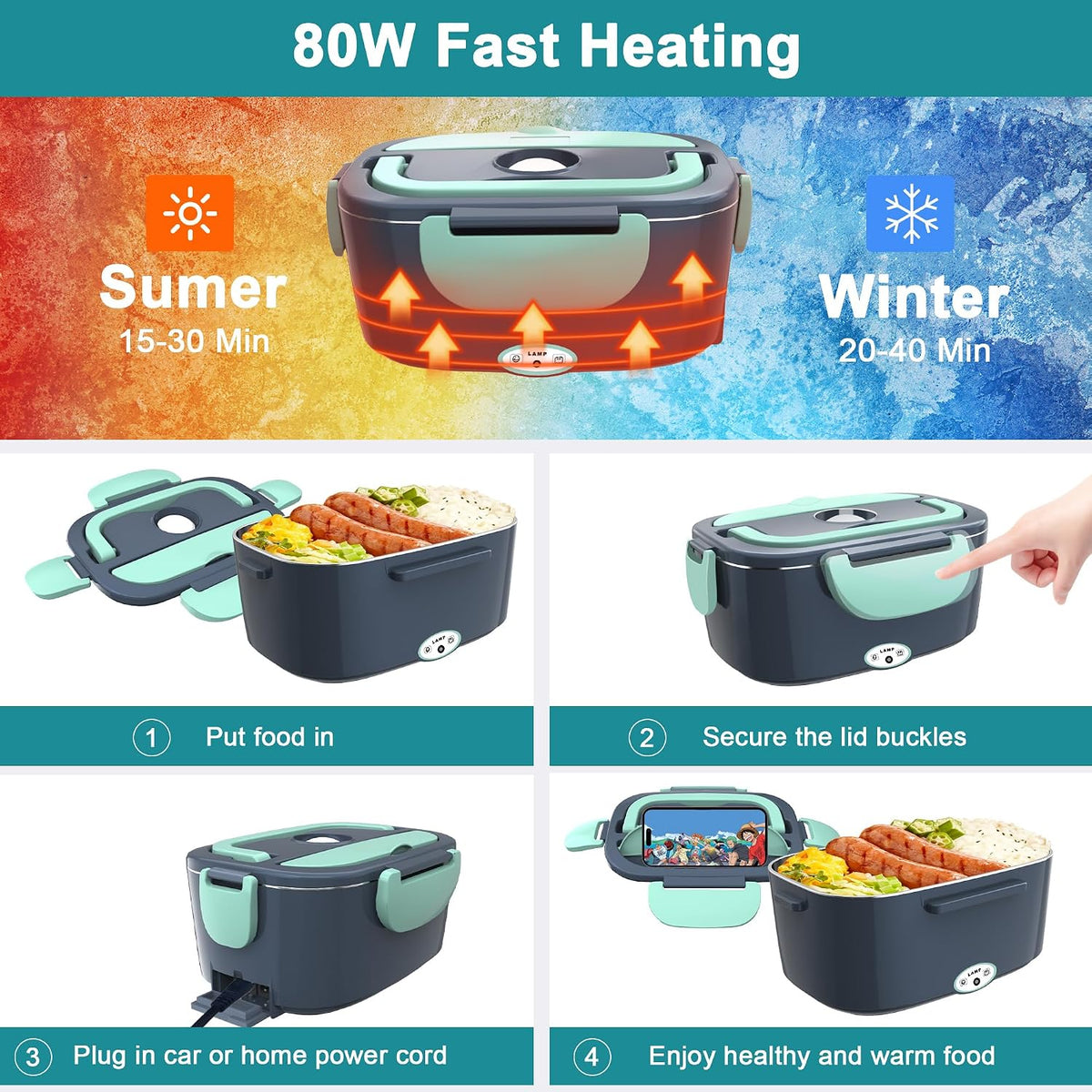 Electric Heated Lunch Boxes Adults: 80W Electric Lunch Box Food Heated 12/24/110V 1.5L Heatable Lunch Box for Car/Truck/Office Leak-Proof Stainless Steel Container, Fork & Spoon, Bag (Grey+Green)