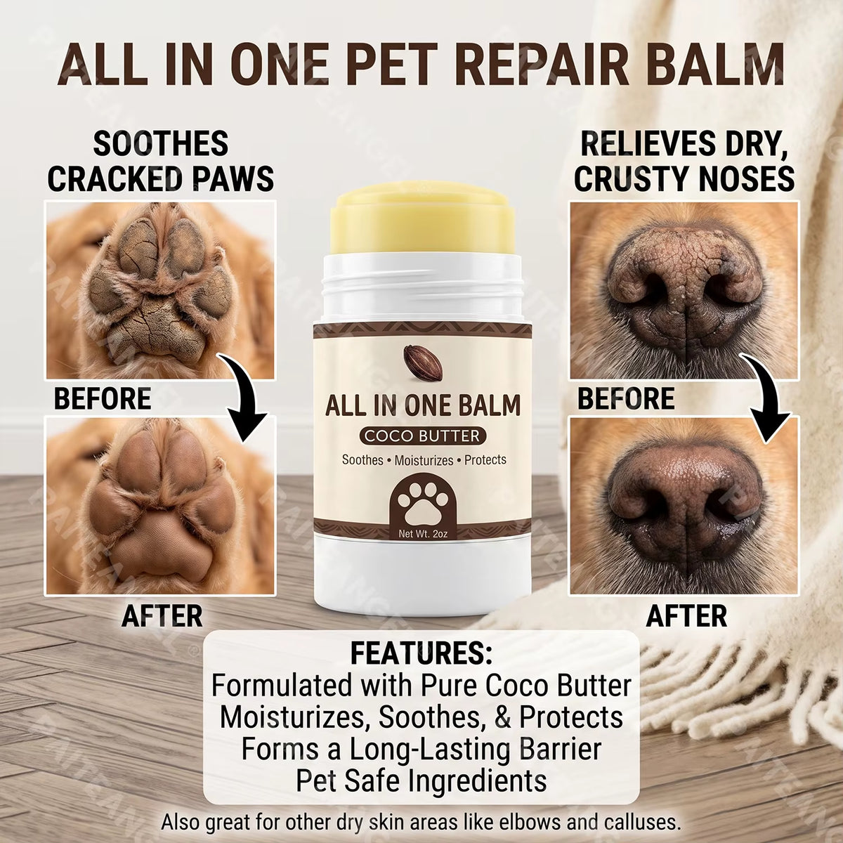All in One Dog Snout Balm Shea & Coco Butter Repair Cream Daily Grooming Lick-Safe Moisturizer 2Oz Private Label